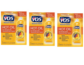 VO5 front packaging showing two 0.5 oz hot oil vials and brand benefits