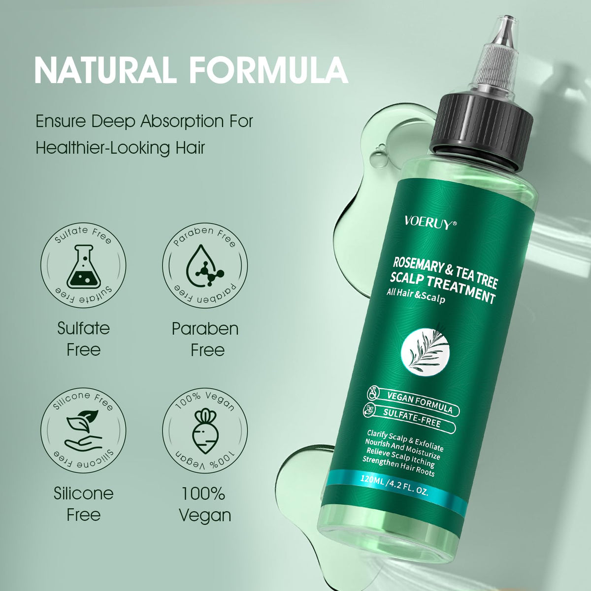 VOERUY label close-up highlighting rosemary and tea tree ingredients and vegan badge benefits