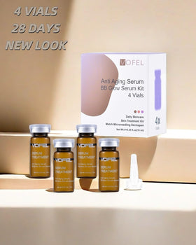 VOFEL ampoules on bathroom vanity, lifestyle scene suggesting weekly skincare ritual
