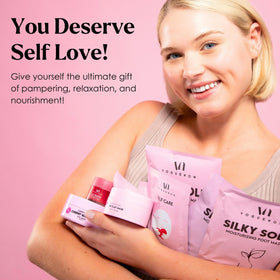 VogueNow foot mask applied to feet, illustrates softening and soothing care