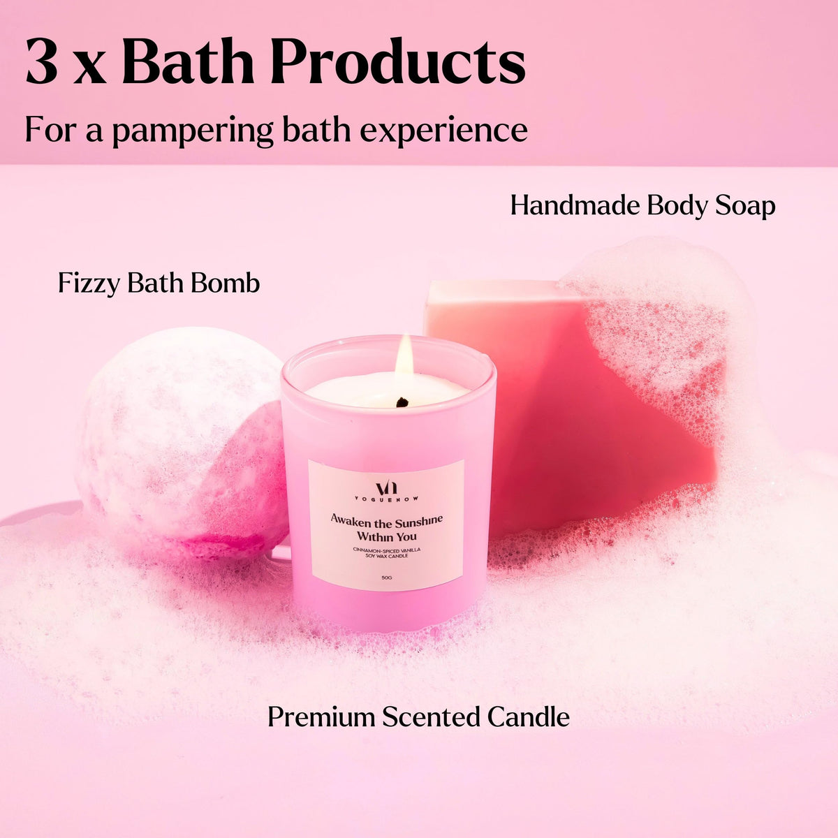 VogueNow scented candle lit in soft light, sets a calming spa atmosphere at home