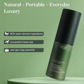 Voir Haircare on shelf inside a travel kit illustrating recyclable packaging and portability