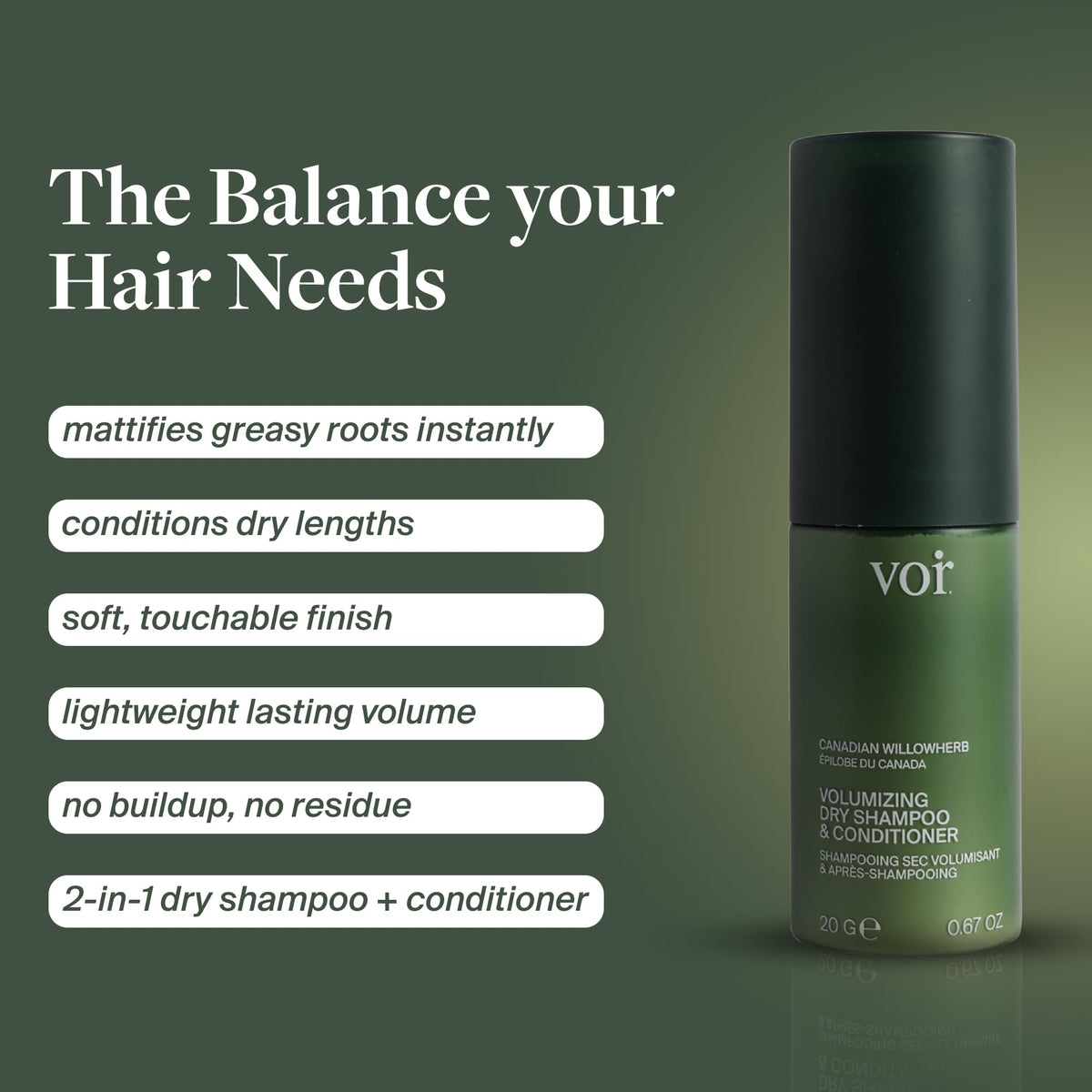 Voir Haircare open top with dry shampoo powder visible offering effortless oil absorption