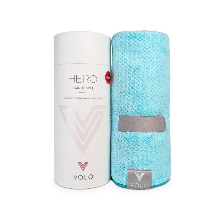 VOLO front packaging in capri blue showing towel tube and branding, gift-ready
