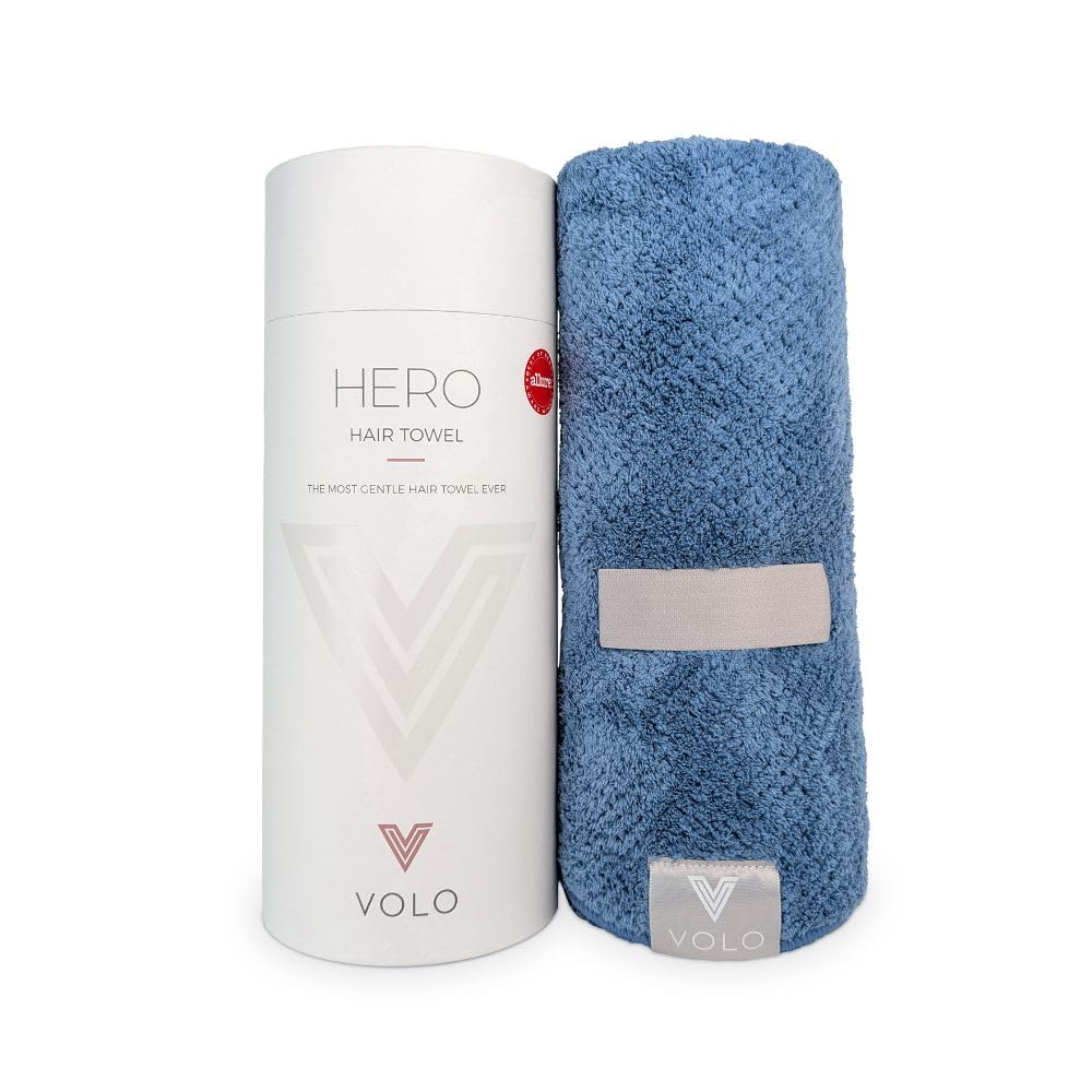 VOLO front view of Hero Hair Towel in cielo blue showing packaging and color benefit