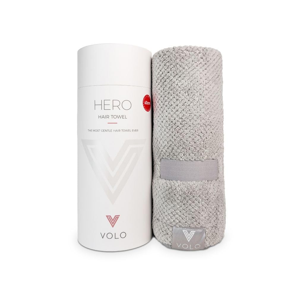 VOLO Hero Hair Towel front packaging in Luna Gray showing gift-ready tube and soft wrap benefit