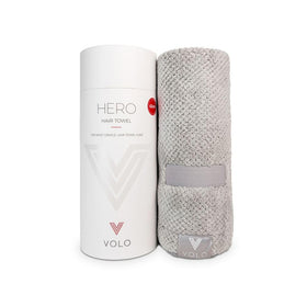 VOLO Hero Hair Towel front packaging in Luna Gray showing gift-ready tube and soft wrap benefit