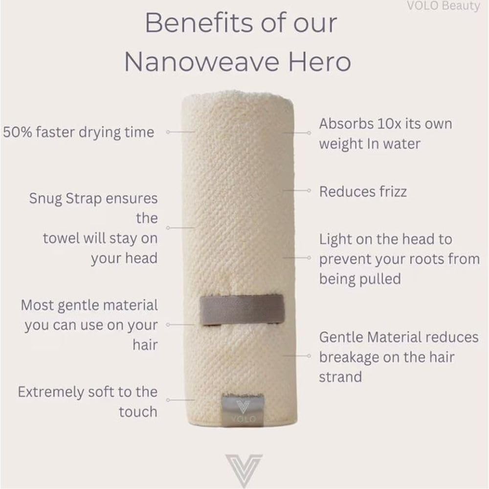 VOLO towel on long hair showing XL fit and full coverage