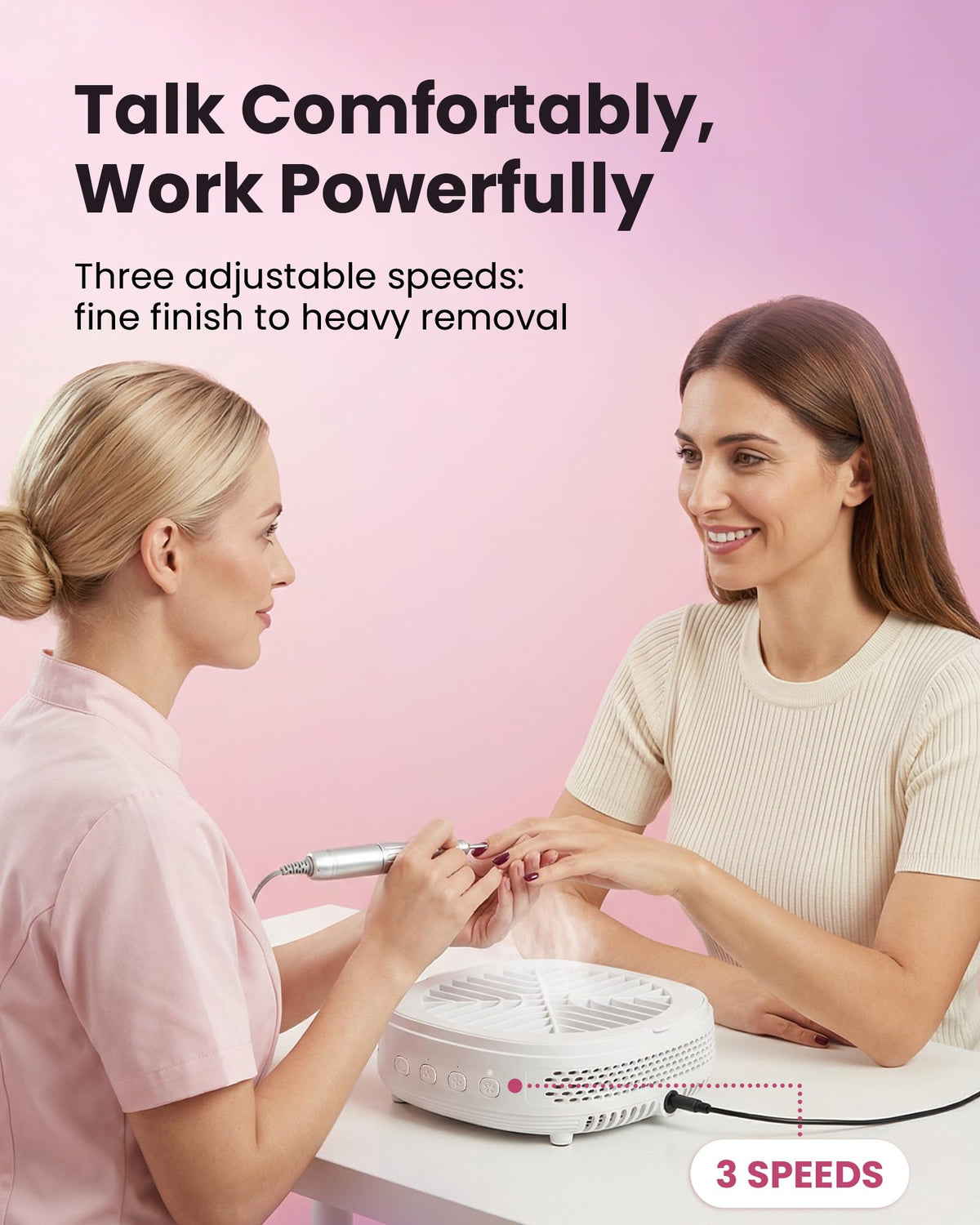 voltrish in use with nail drill capturing dust for cleaner nail work