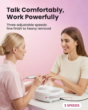 voltrish in use with nail drill capturing dust for cleaner nail work