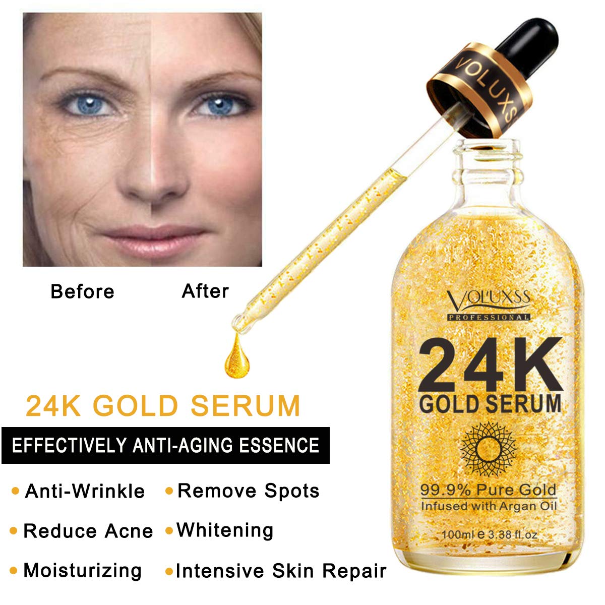 Voluxss gold particles close-up highlighting luminous finish benefit