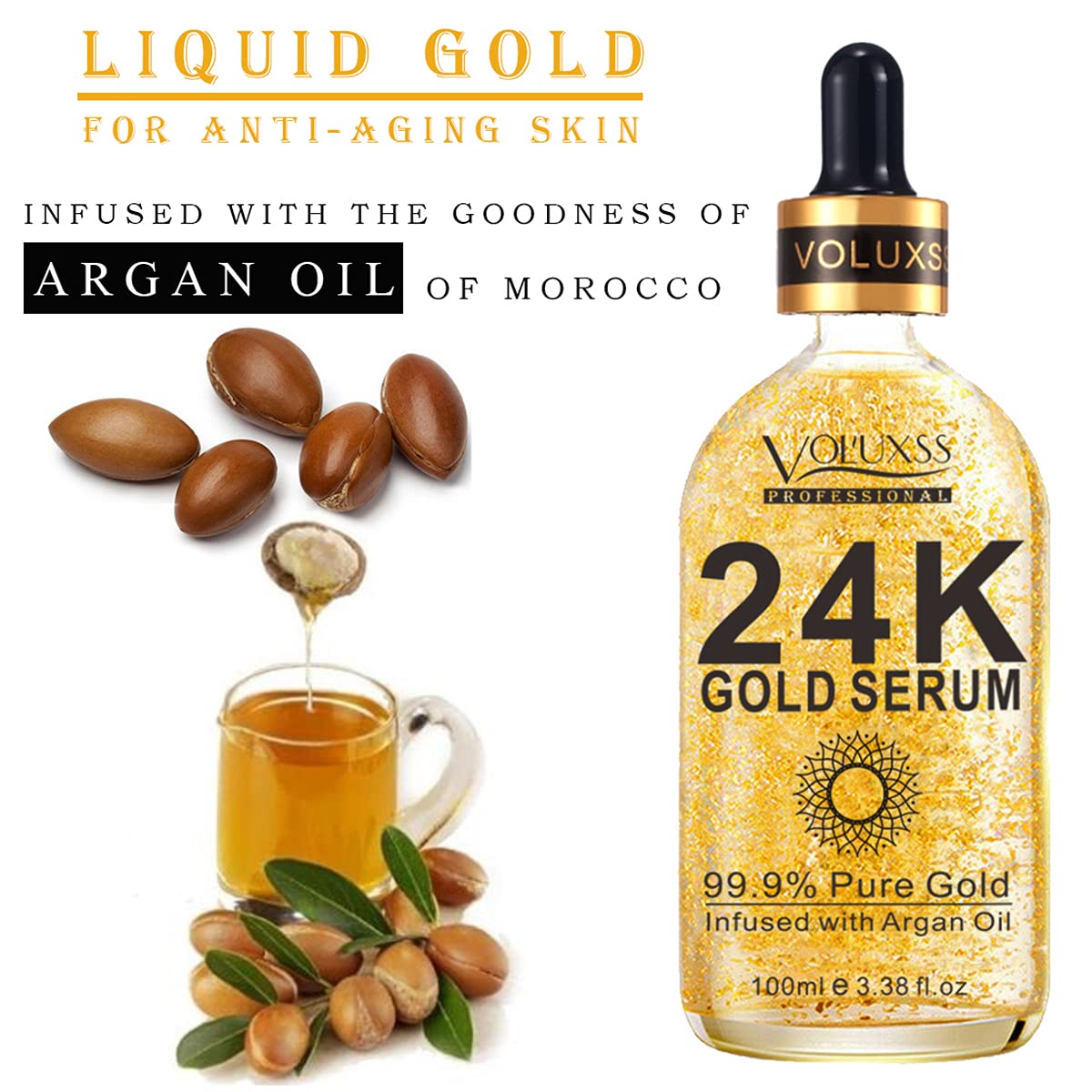 Voluxss ingredients display with argan oil and vitamin C for nourishment