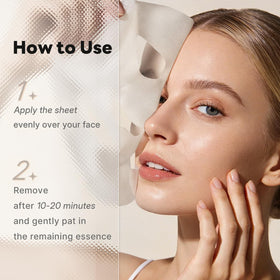 Voolga mask applied to model's face for quick calming and plumping