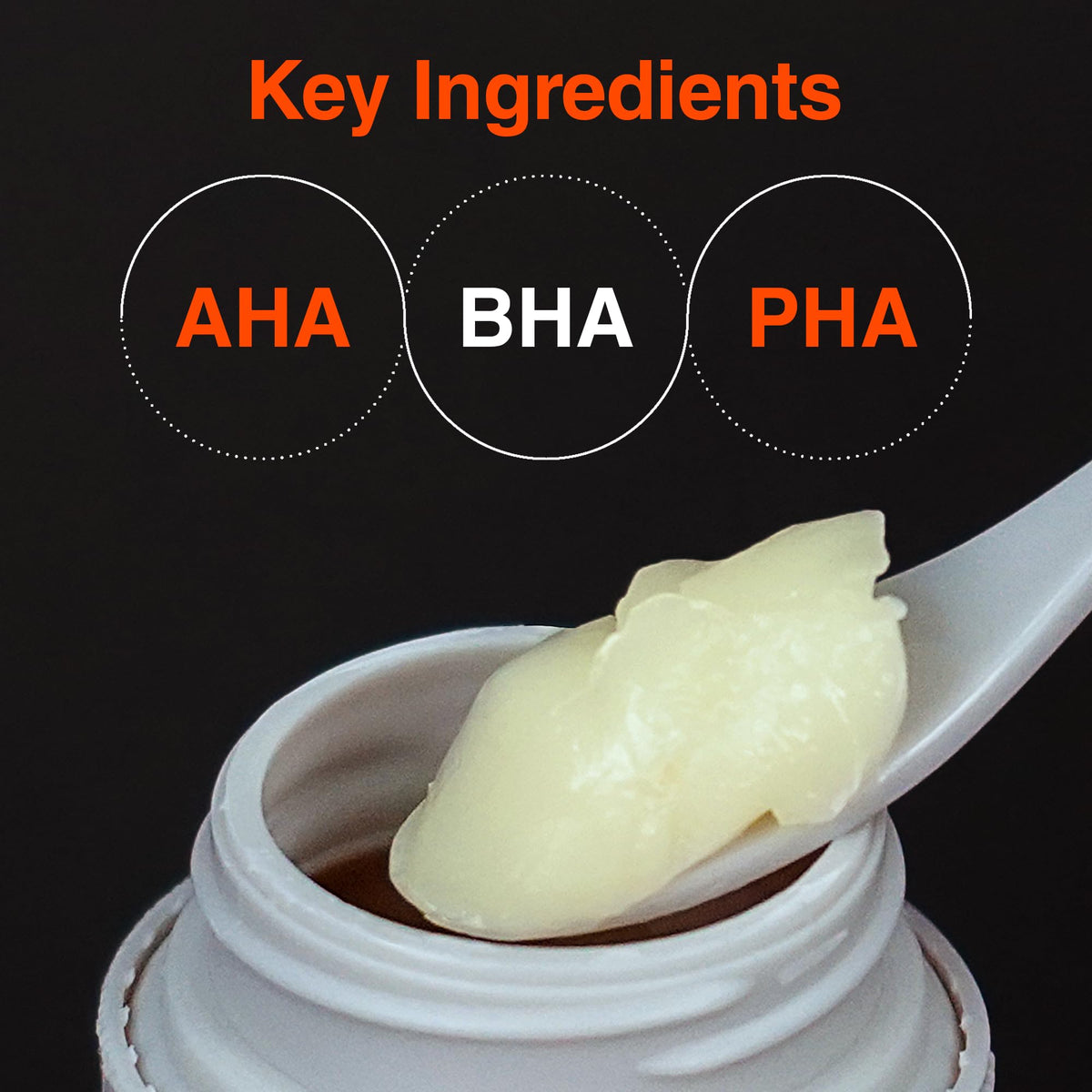 VQM AXENDA ingredient label closeup highlighting AHA BHA PHA and botanical extracts for balanced renewal