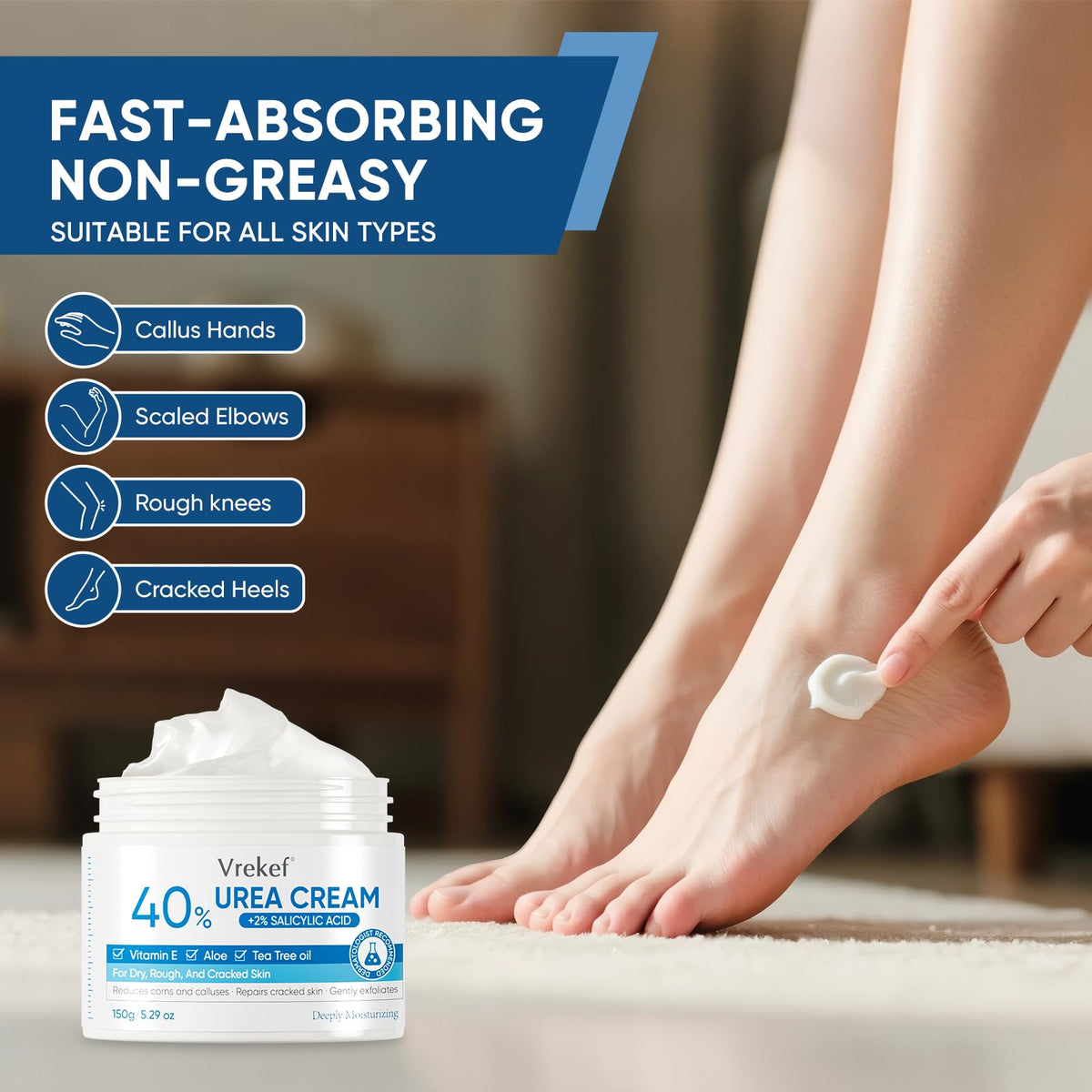 VREKEF cream texture close-up displaying smooth non-greasy consistency for fast absorption