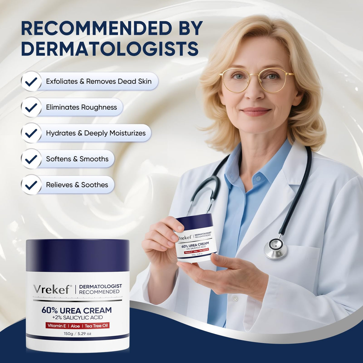 VREKEF ingredient graphic showing 60% urea and 2% salicylic acid benefits
