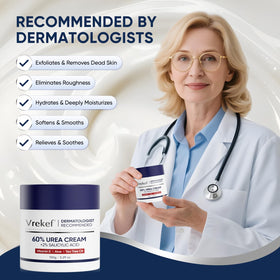 VREKEF ingredient graphic showing 60% urea and 2% salicylic acid benefits