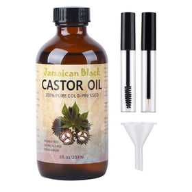 VRJEUGO glass bottle front view showing pure castor oil for long-lasting nourishment
