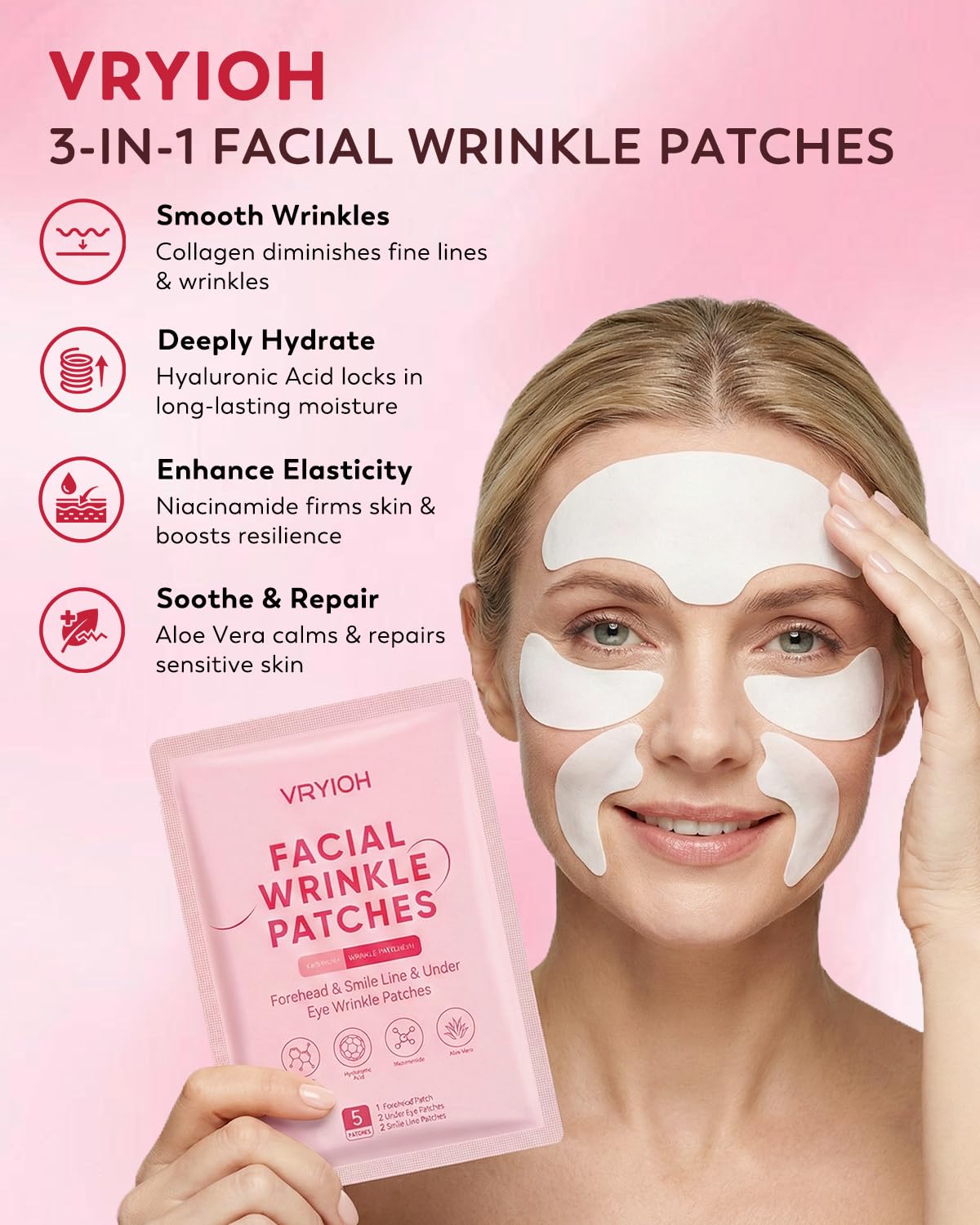 Vryioh forehead patch close-up demonstrating secure fit and smoothing