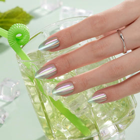 VSALON nails worn in evening outfit highlighting iridescent shine for polished looks