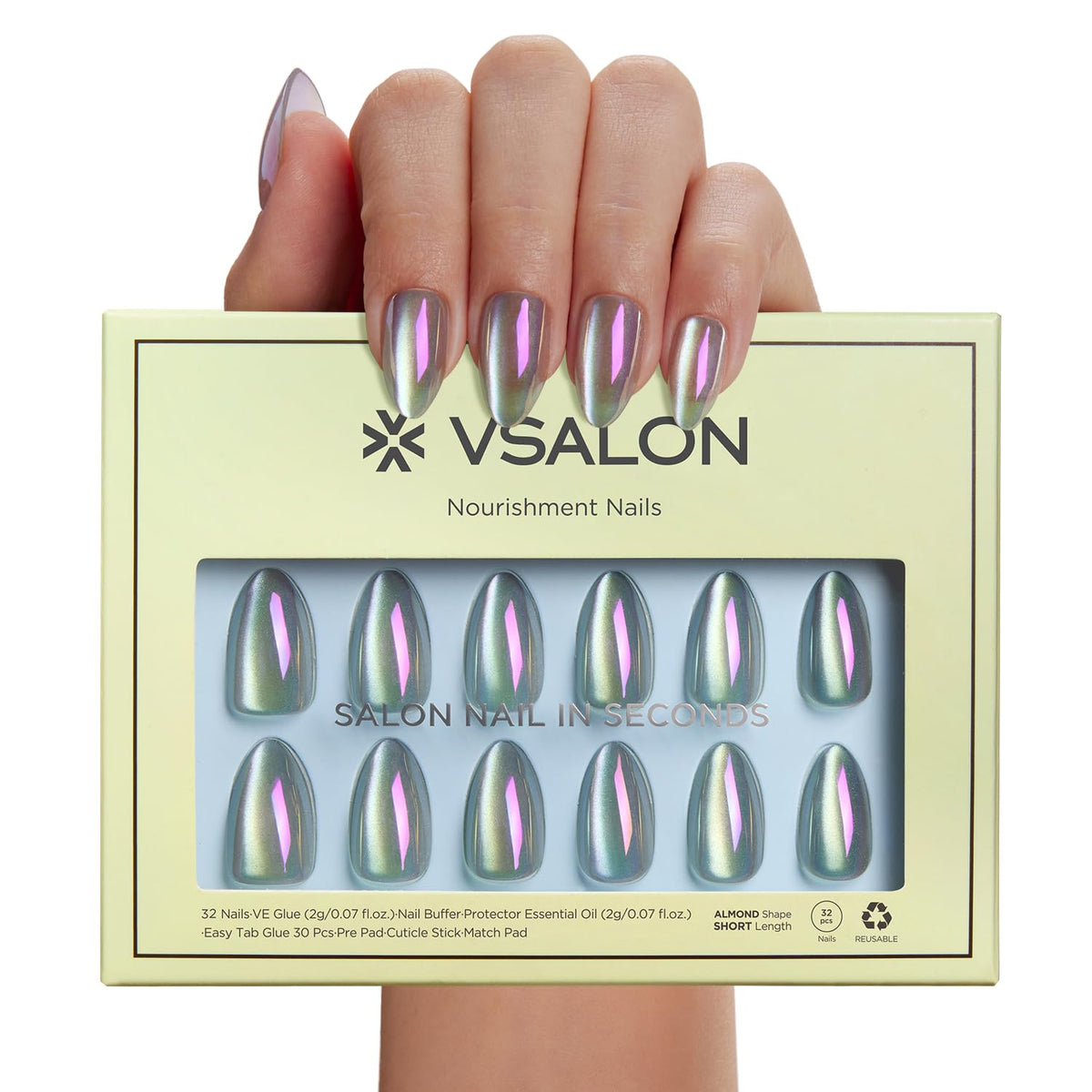 VSALON reflective angle shot displaying shifting chrome highlights and eye-catching glow