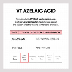 VT COSMETICS ingredient label close-up highlighting azelaic acid and cica benefits