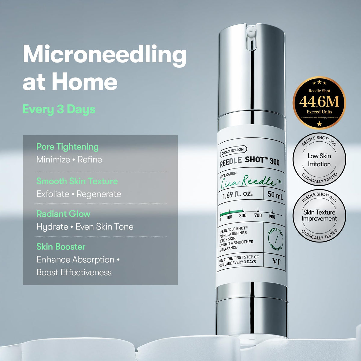 VT COSMETICS Reedle Shot dropper dispensing serum to demonstrate controlled application and minimal waste