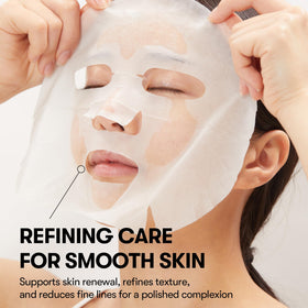 VT COSMETICS model wearing sheet mask demonstrating an easy five-minute routine