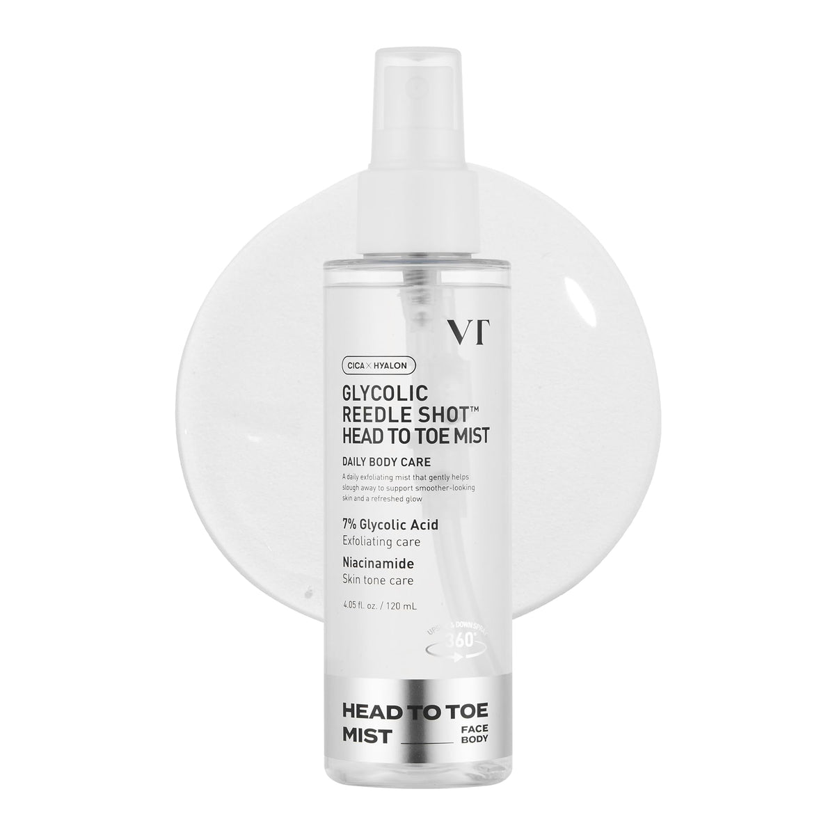 VT COSMETICS front packaging of the glycolic acid Reedle Shot mist showing brand and product