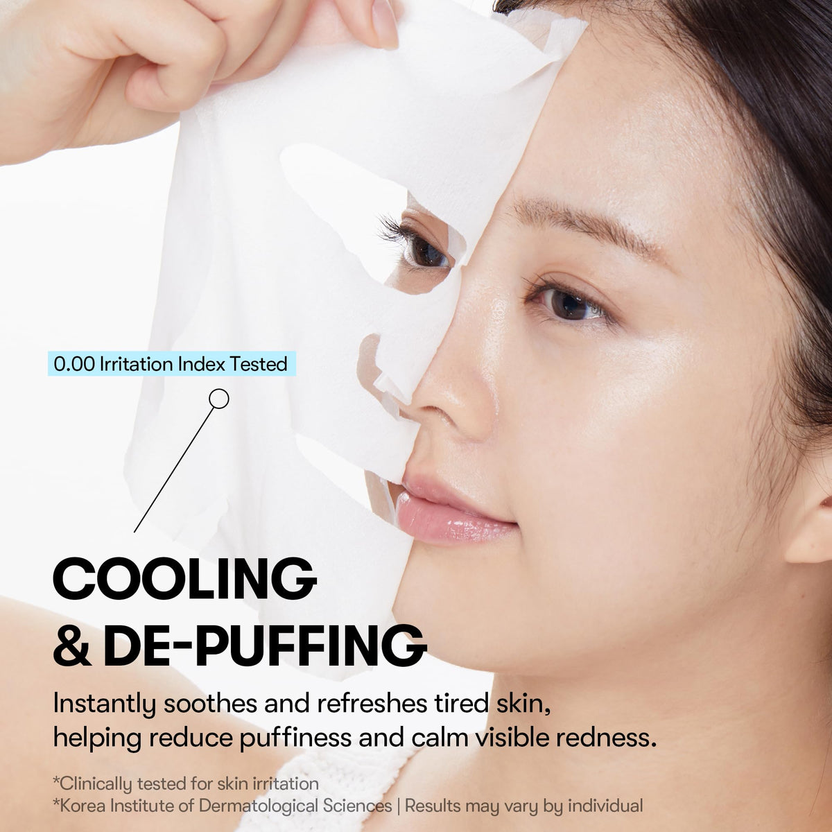 VT COSMETICS model wearing mask demonstrating cooling, de-puffing effect