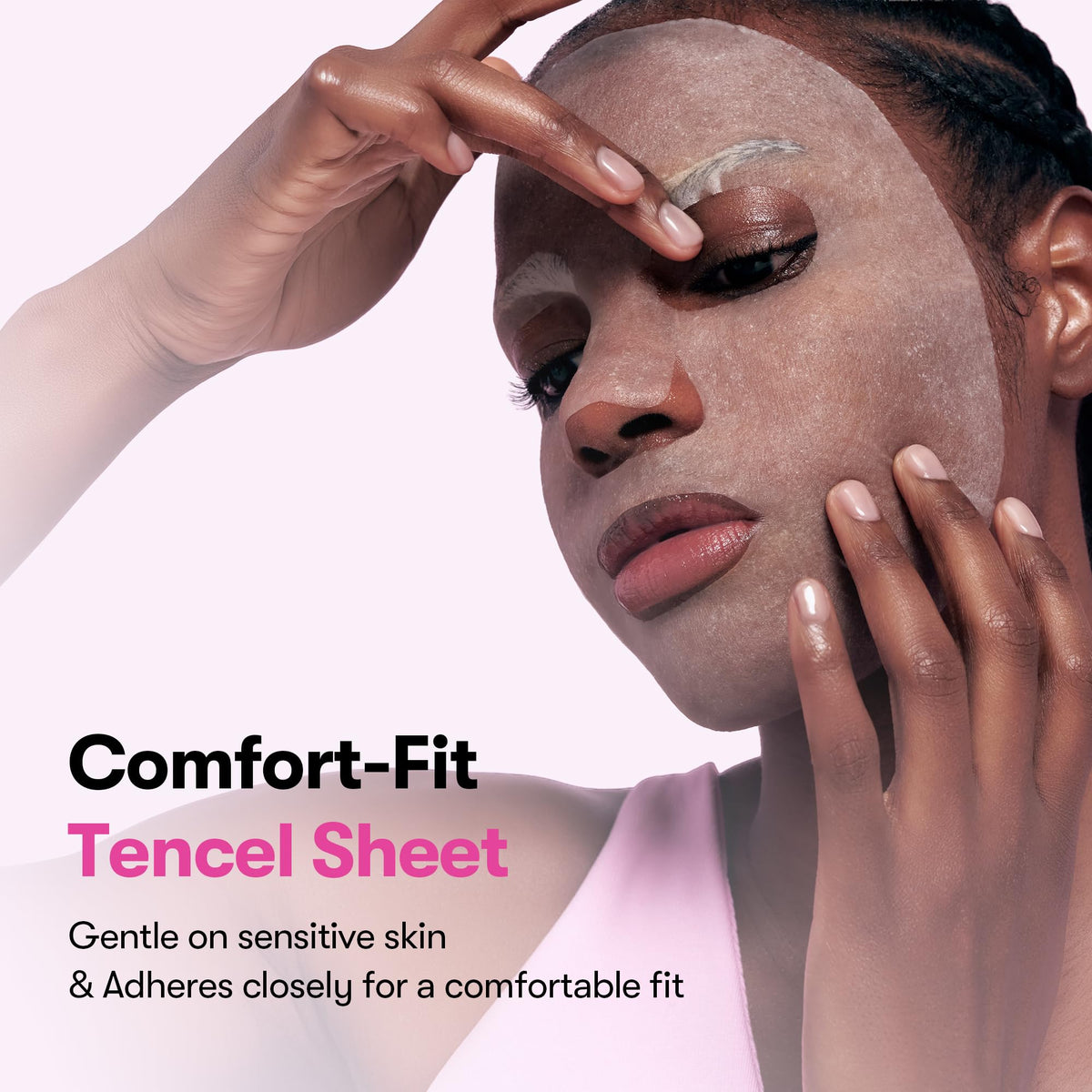 VT COSMETICS mask worn by model in relaxed setting illustrating soothing and plumping effect