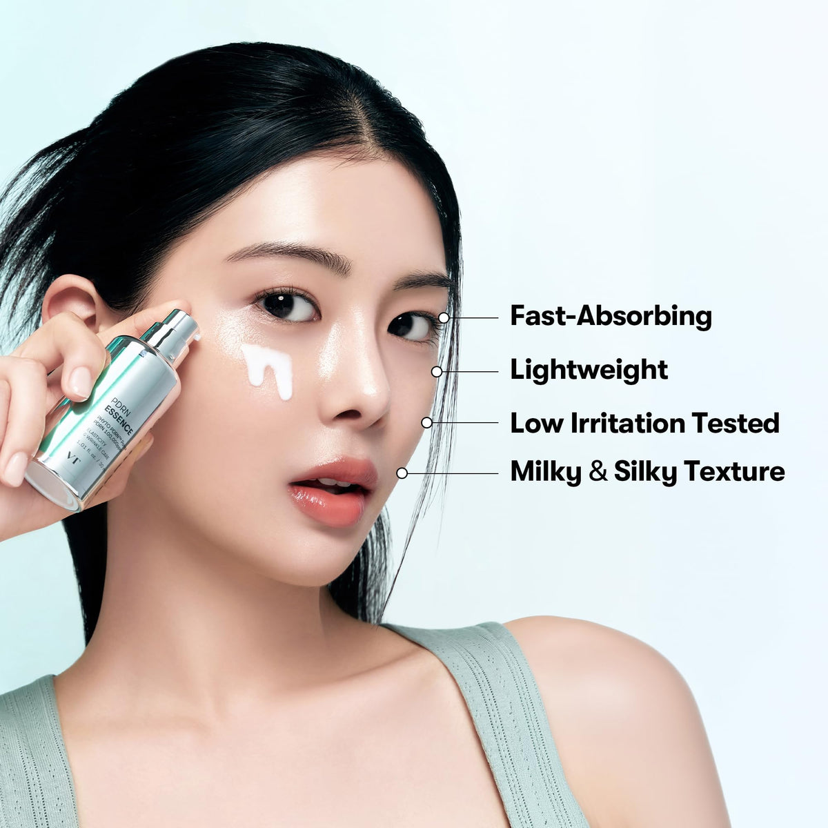 VT COSMETICS applying essence to cheek, promotes plumping and surface moisture