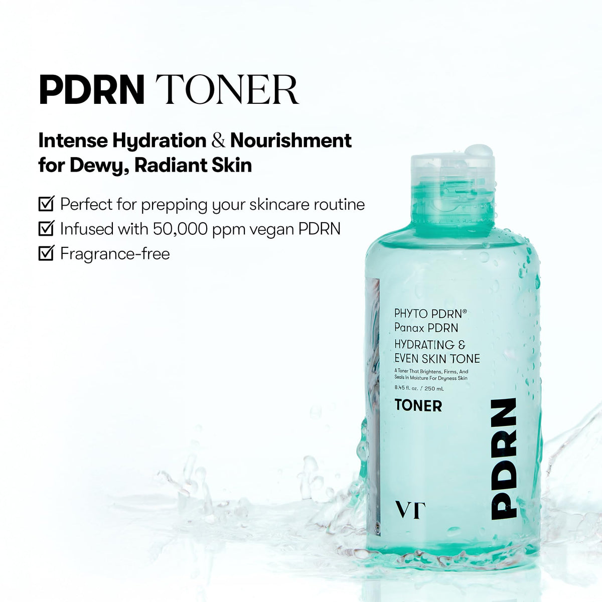 VT COSMETICS toner poured on hand showing watery texture and fast absorption