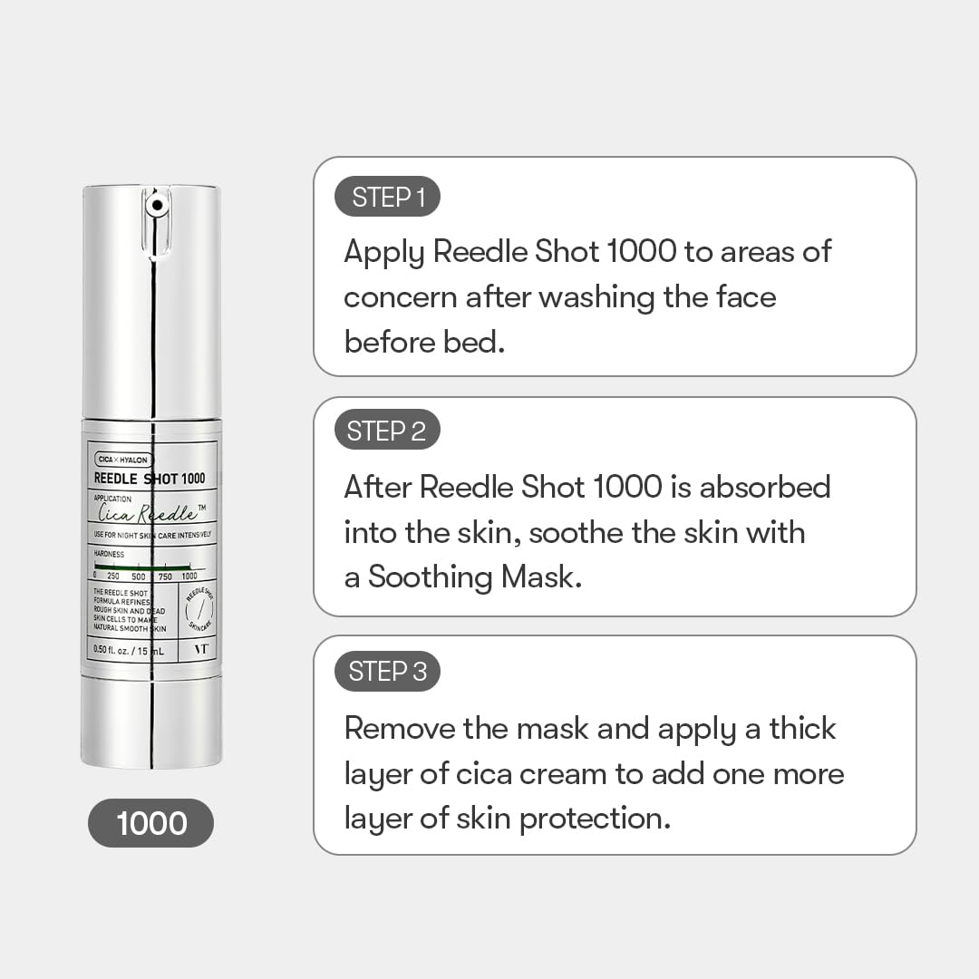 VT COSMETICS Reedle Shot 1000 held in hand to show 15ml size and convenient travel-friendly benefit
