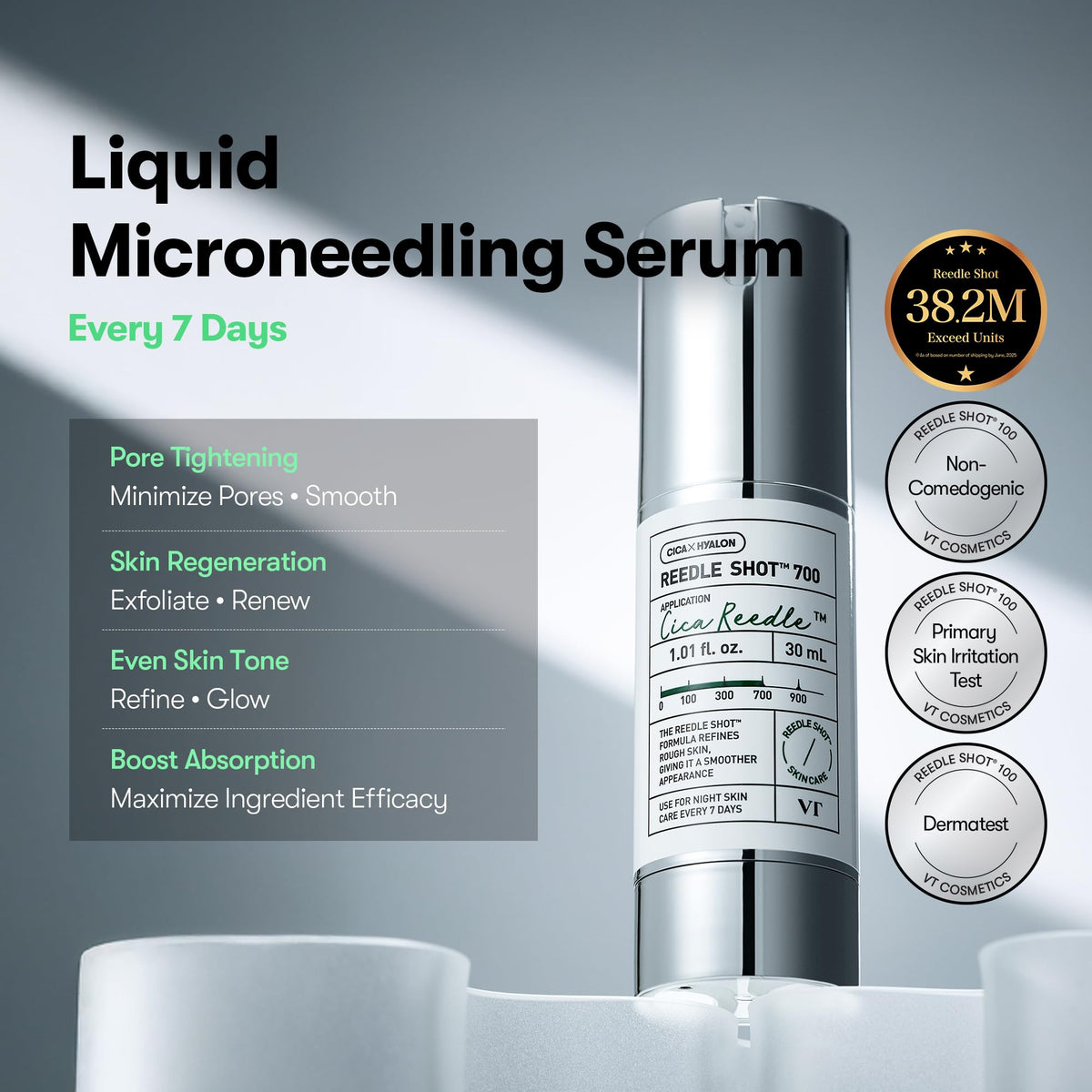 VT COSMETICS dropper releasing serum showing lightweight texture and fast absorption