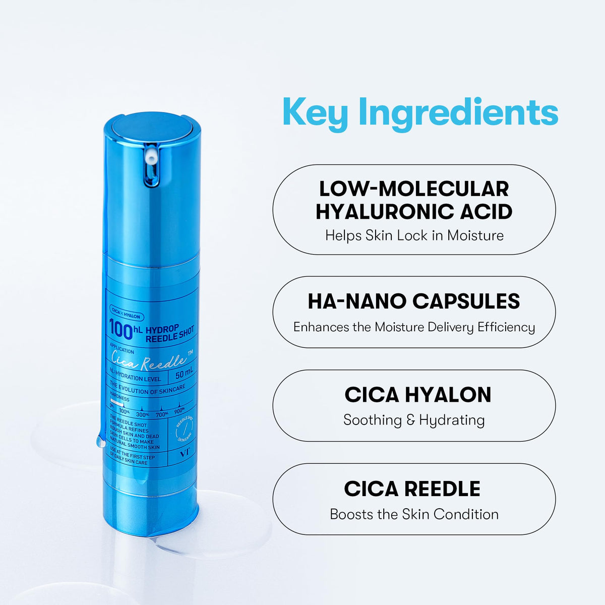 VT COSMETICS ingredient label highlighting hyaluronic acid and Cica Reedle benefits