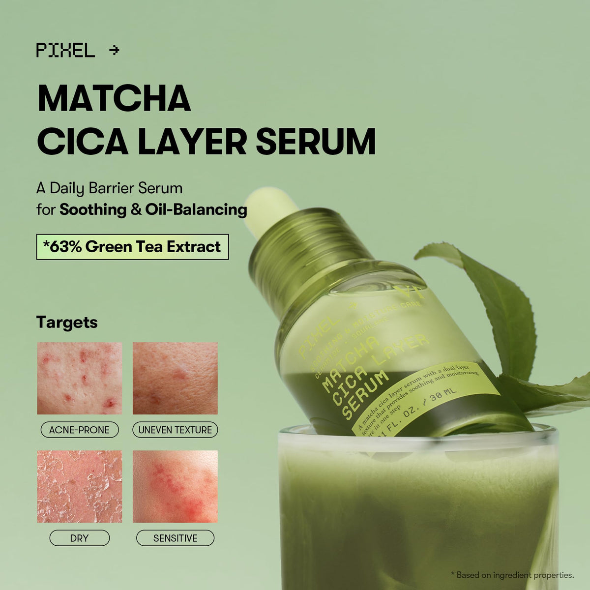 VT COSMETICS close-up of the serum dual layers blending, shows unique matcha latte look