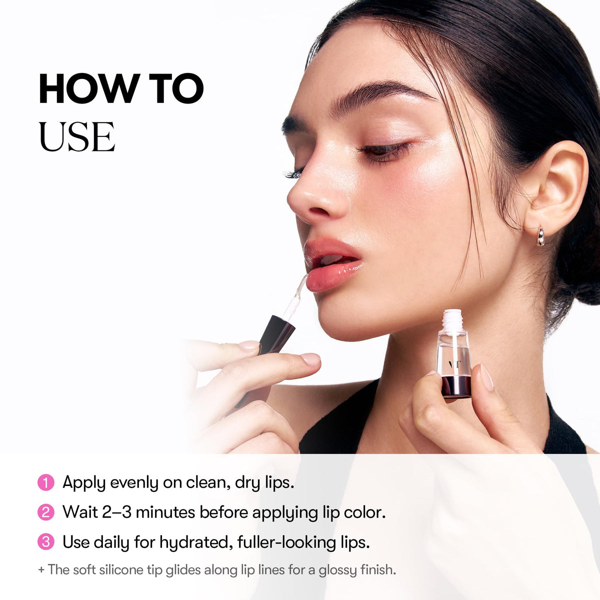VT COSMETICS lips before and after demonstrating fuller-looking, glossier result
