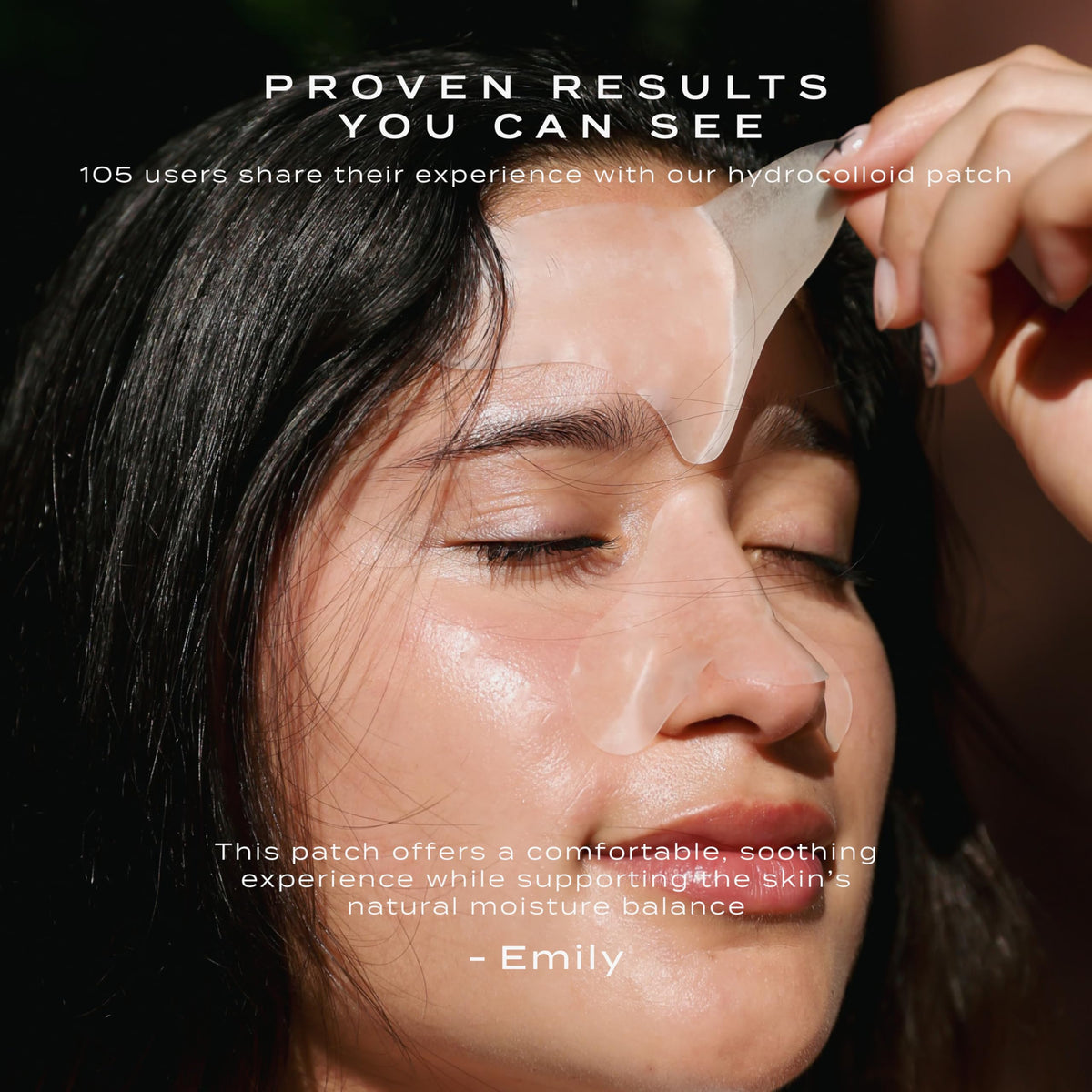 Vue patch applied on forehead demonstrating secure gentle adhesion