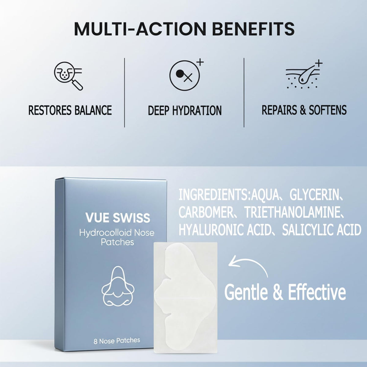 Vue Swiss label detail highlighting gentle ingredients and safety