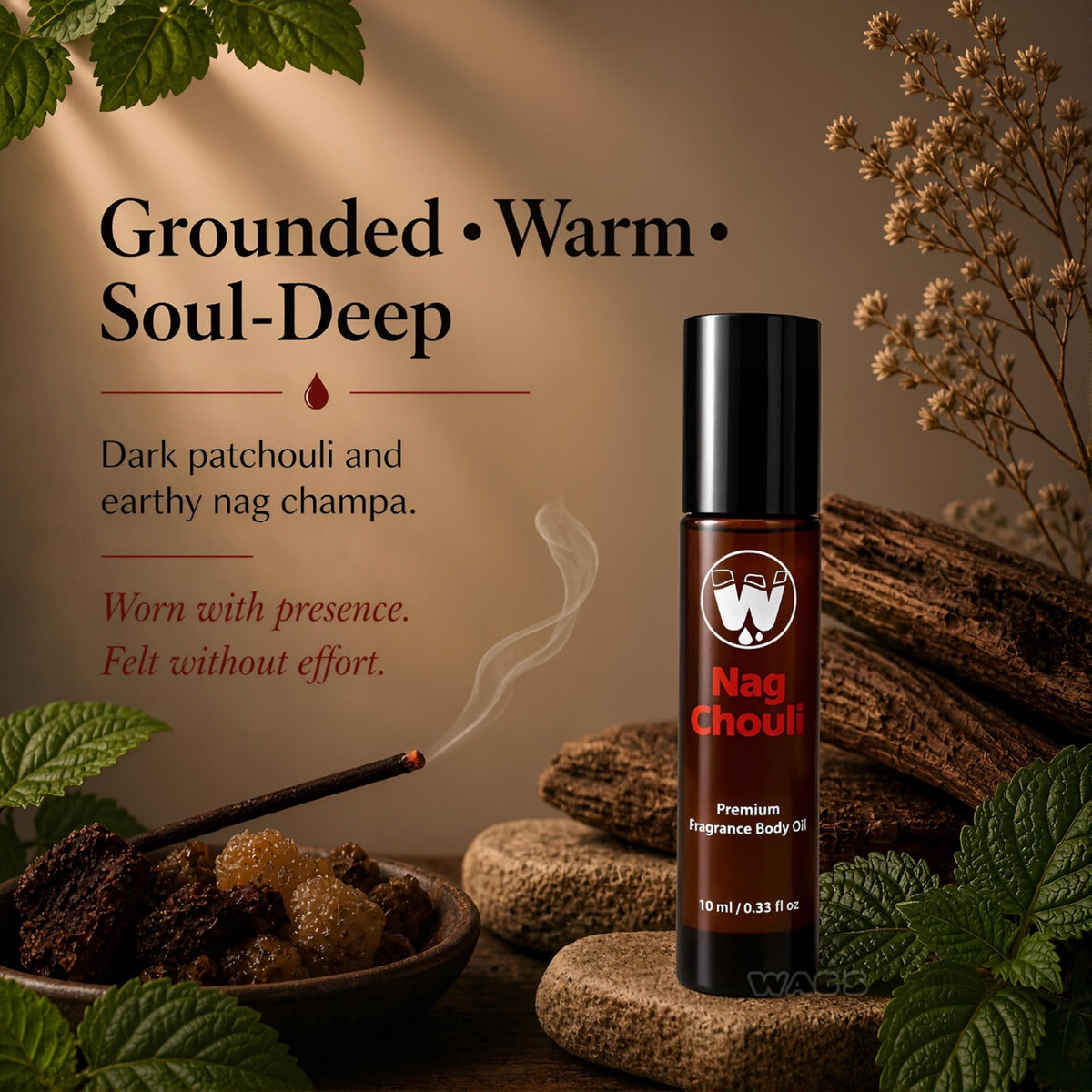 WagsMarket amber glass bottle of Nag Chouli highlighting preservation and richness