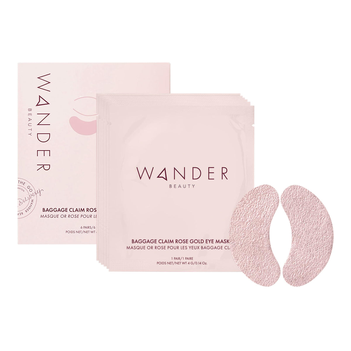 Wander Beauty front packaging showing rose gold patches and benefits clearly