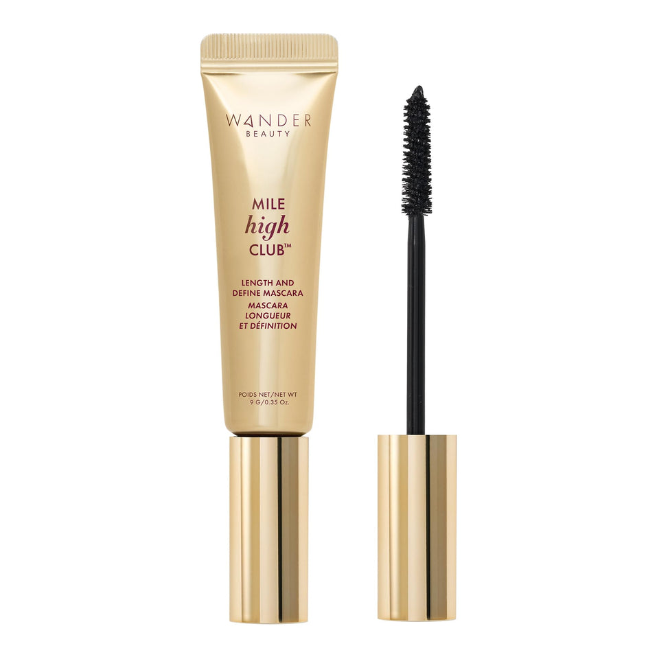Wander Beauty front packaging showing compact BPA-free tube and bold black shade benefit: travel-friendly
