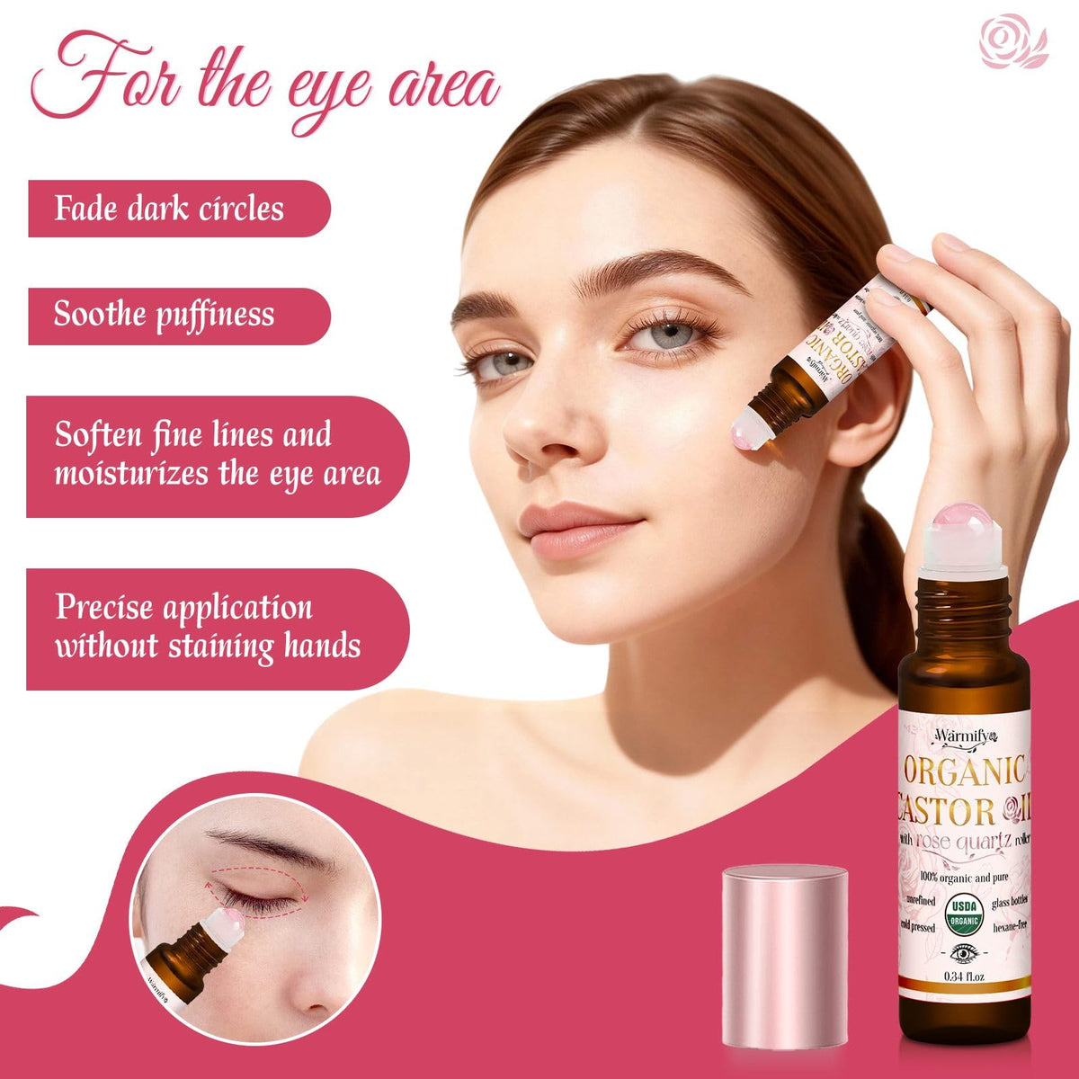 Warmify face roller with visible castor oil texture for moisturizing glow
