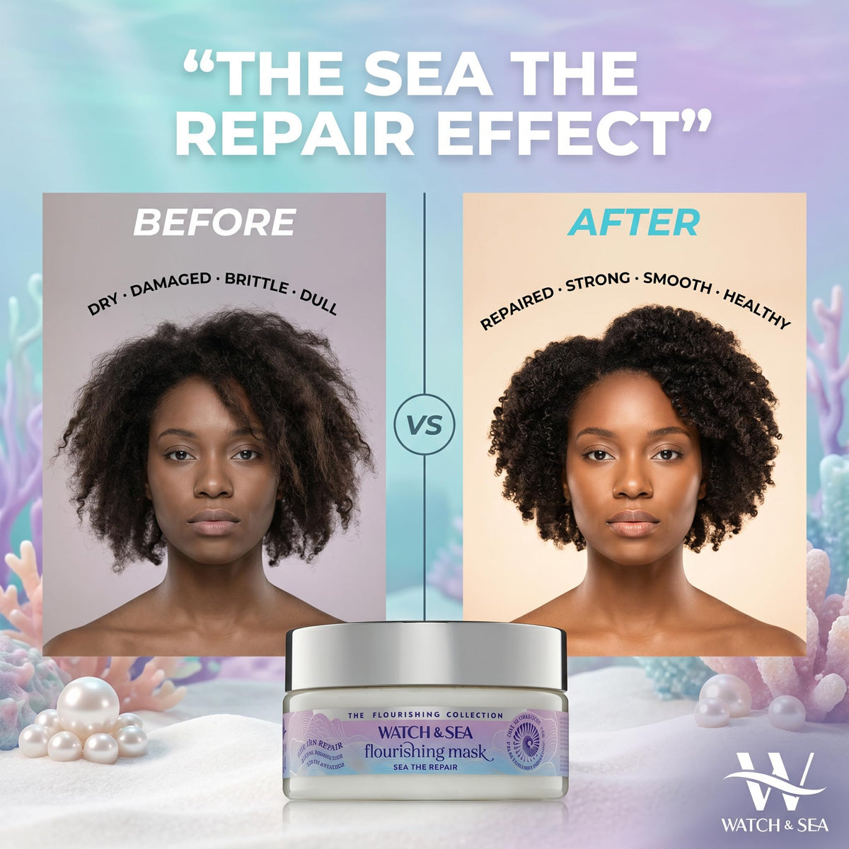 WATCH & SEA before and after hair comparison showing improved shine and strength