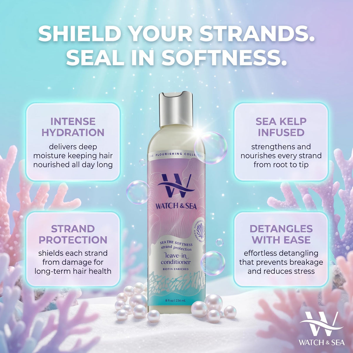 WATCH & SEA BEAUTY applied to wet hair showing detangling and smoothness benefit