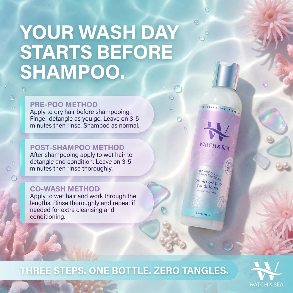 Watch & Sea application on hair demonstrating slip and hydration