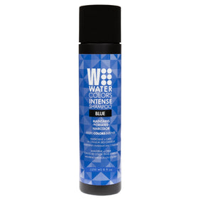 Watercolors front bottle showing blue shampoo and bold label, clear product benefit