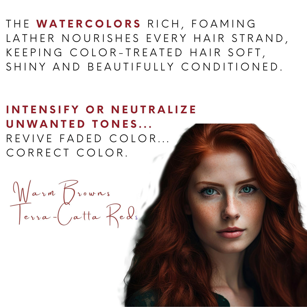 Watercolors foam lather on hair illustrating gentle cleansing and color refresh
