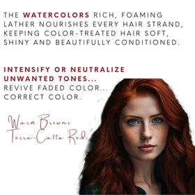 Watercolors foam lather on hair illustrating gentle cleansing and color refresh